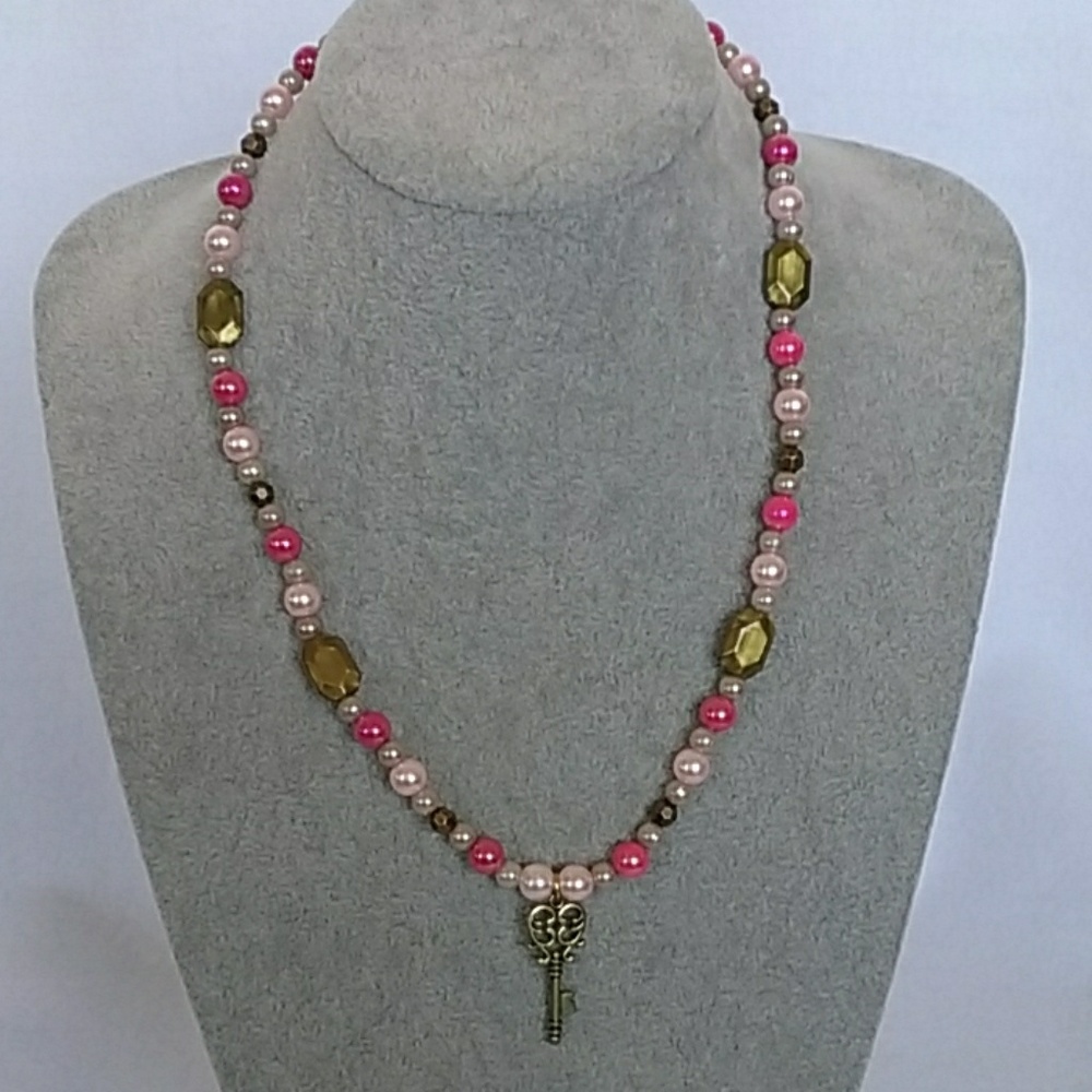 Heart shaped key charm pink & bronze beaded necklace